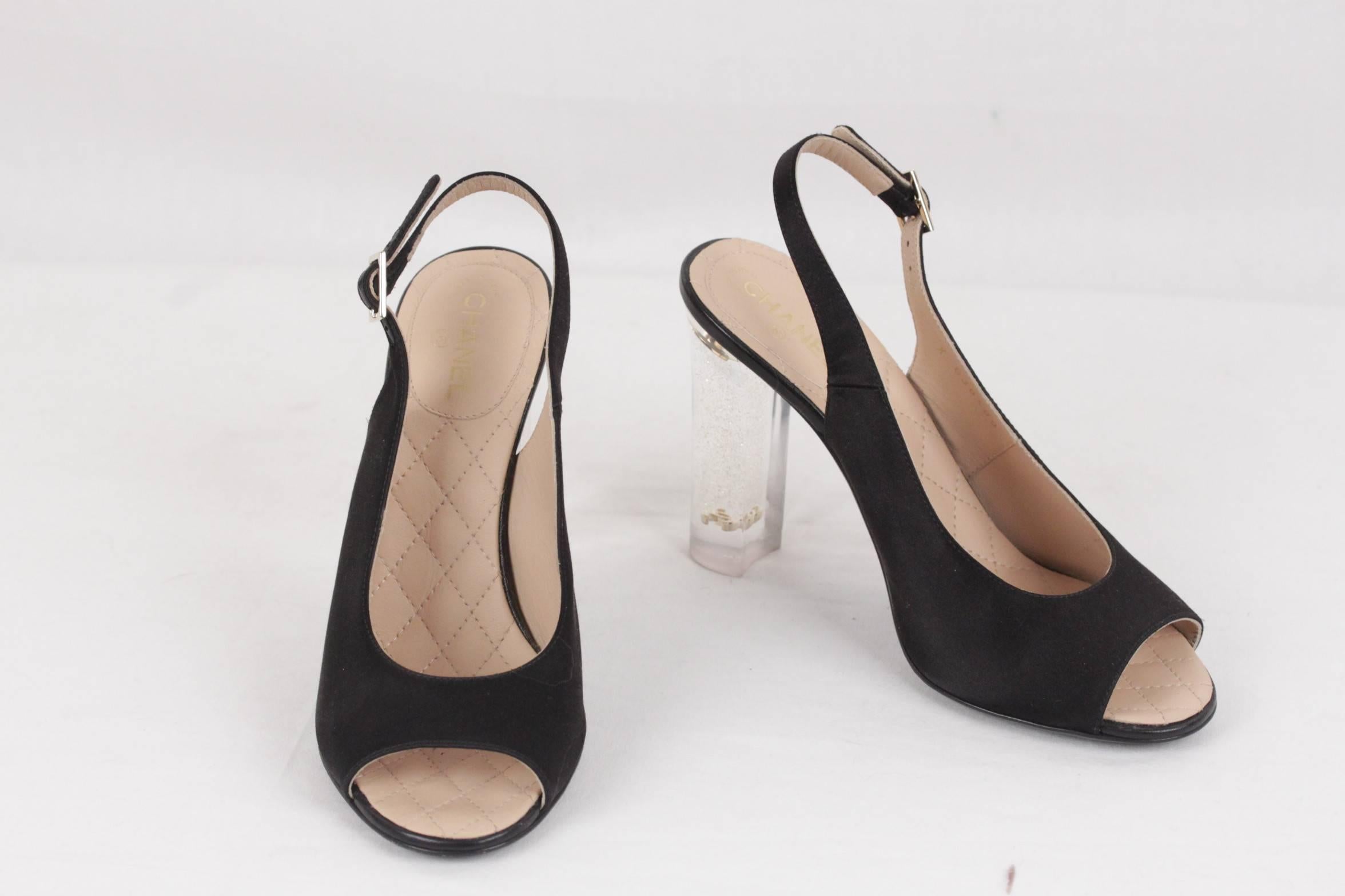 CHANEL Black Satin LUCITE HEEL Gold Glitter SLINGBACK Open Toe PUMPS 36.5 C  For Sale at 1stDibs | chanel clear heels, chanel open toe heels, chanel  lucite heels