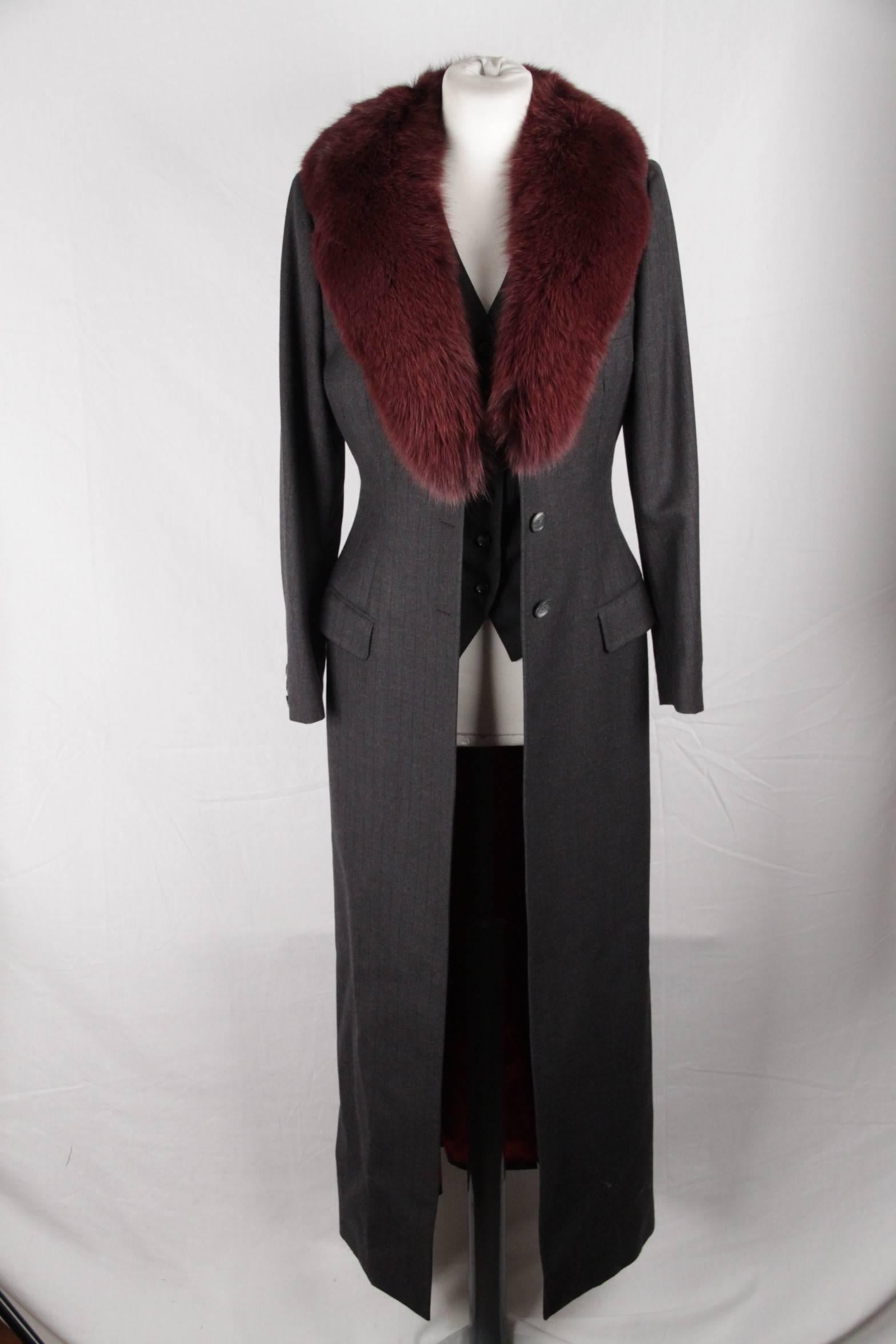 Women's DOLCE & GABBANA Gray Pinstriped PANT SUIT w/ FUR COLLAR COAT Size S