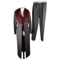 DOLCE & GABBANA Gray Pinstriped PANT SUIT w/ FUR COLLAR COAT Size S