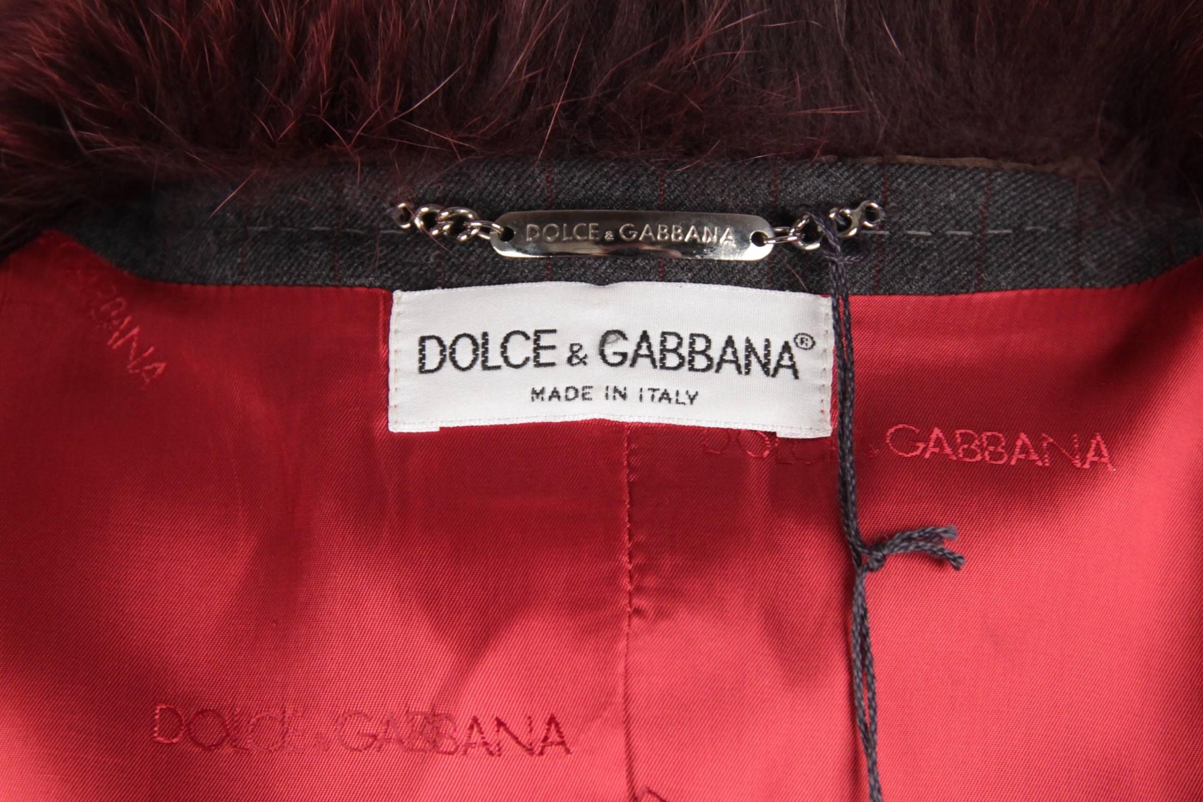 DOLCE & GABBANA Gray Pinstriped PANT SUIT w/ FUR COLLAR COAT Size S 6