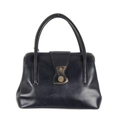 GUCCI Seltene VINTAGE Dunkelblaue Lederhandtasche mit Holzhaken-Verschluss