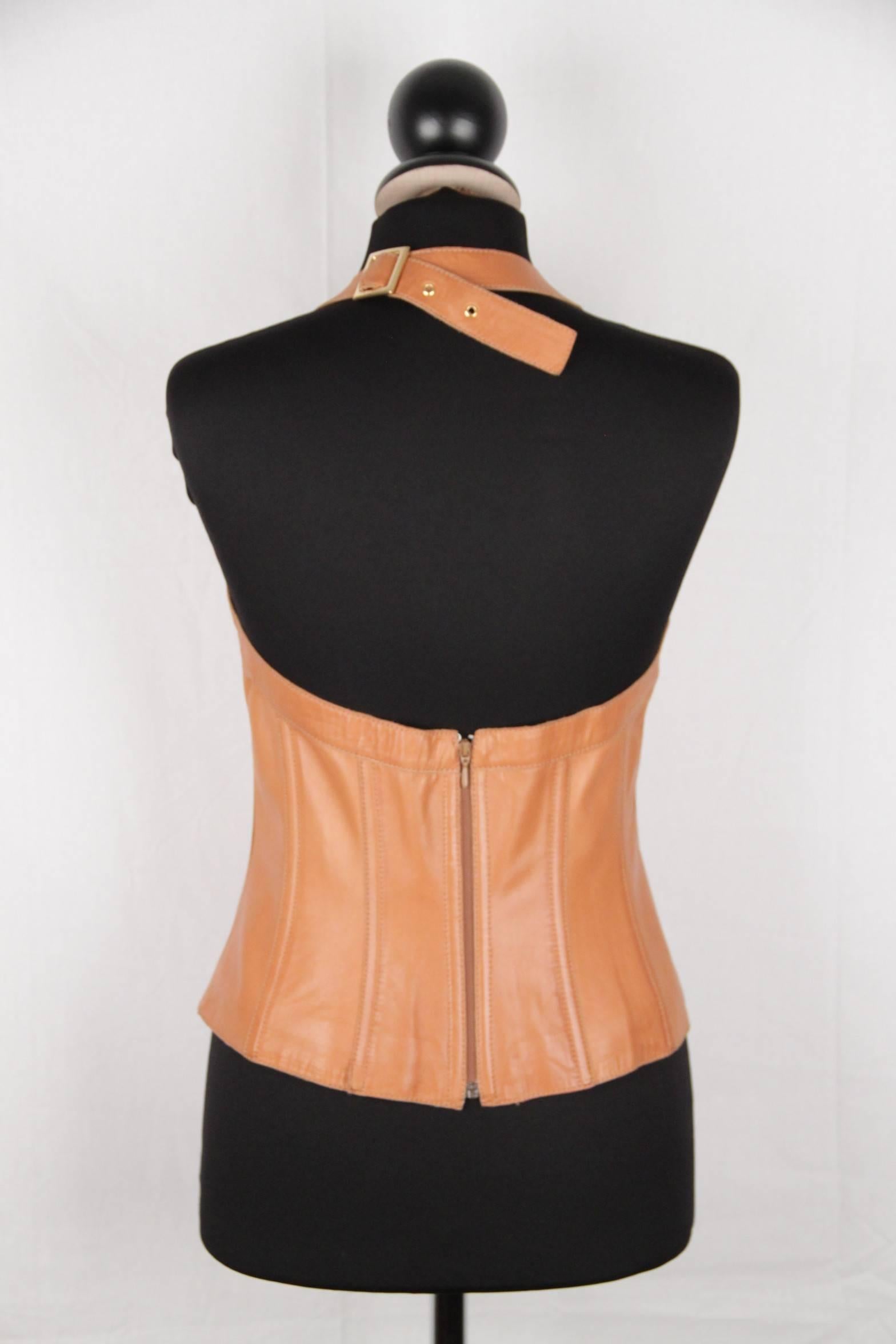 DOLCE & GABBANA Tan Leather HALTERNECK TOP Size 42 In Good Condition In Rome, Rome