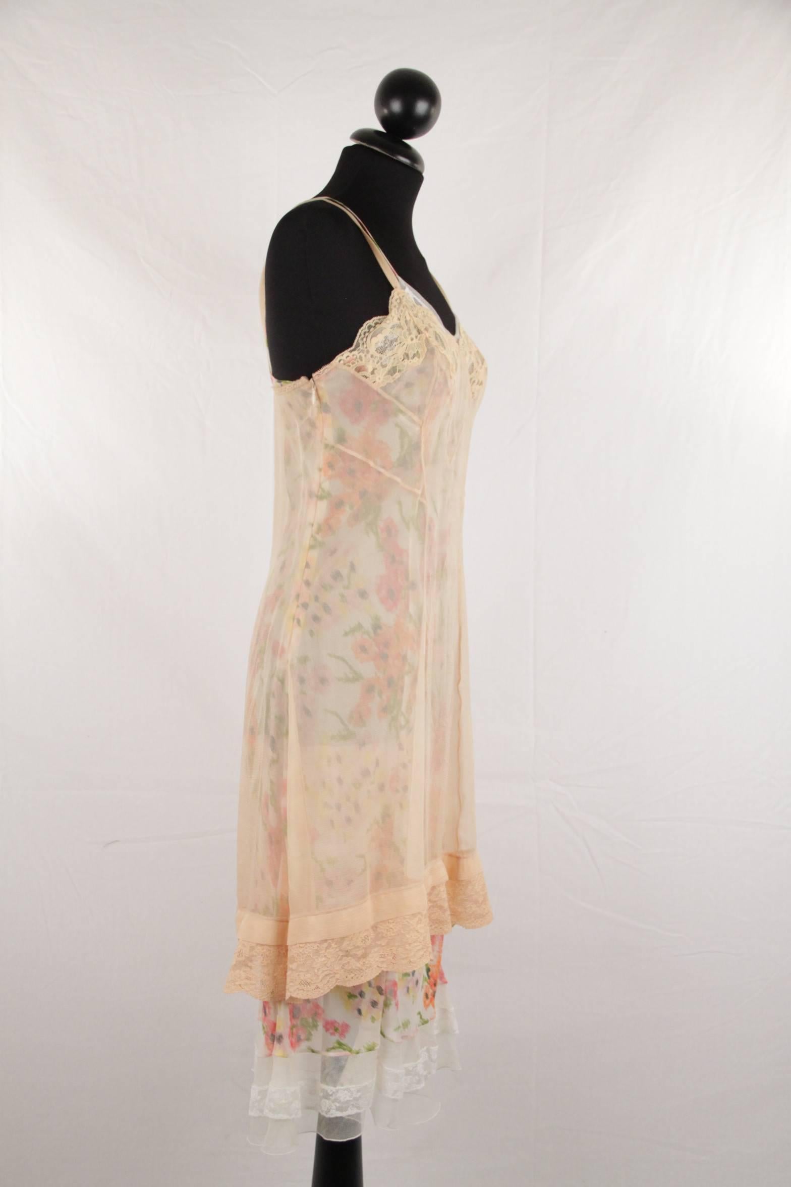 Beige CHRISTIAN DIOR Silky Floral Layered CAMI DRESS w/ Lace Trim SIZE 6