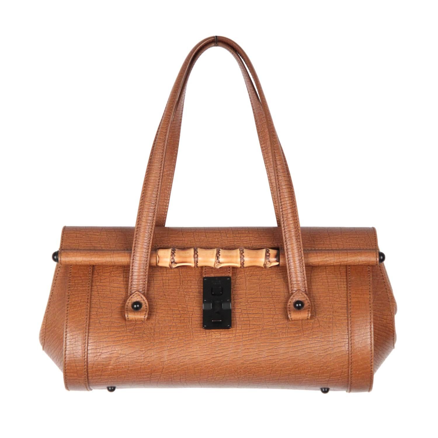 GUCCI Tan Leather BULLET BAG Handbag TOM FORD ERA Satchel w/ BAMBOO