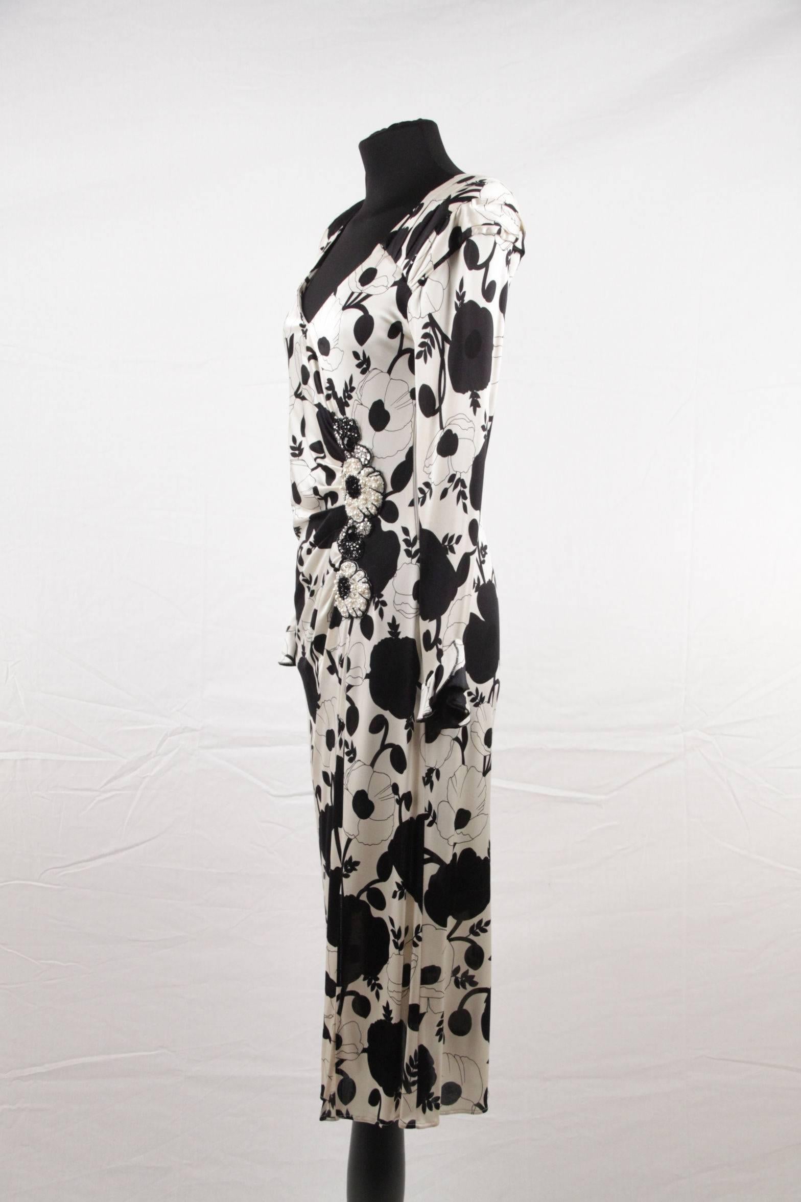 BLUMARINE Black & White Floral SHEATH DRESS Wrap Style w/ Beading 1