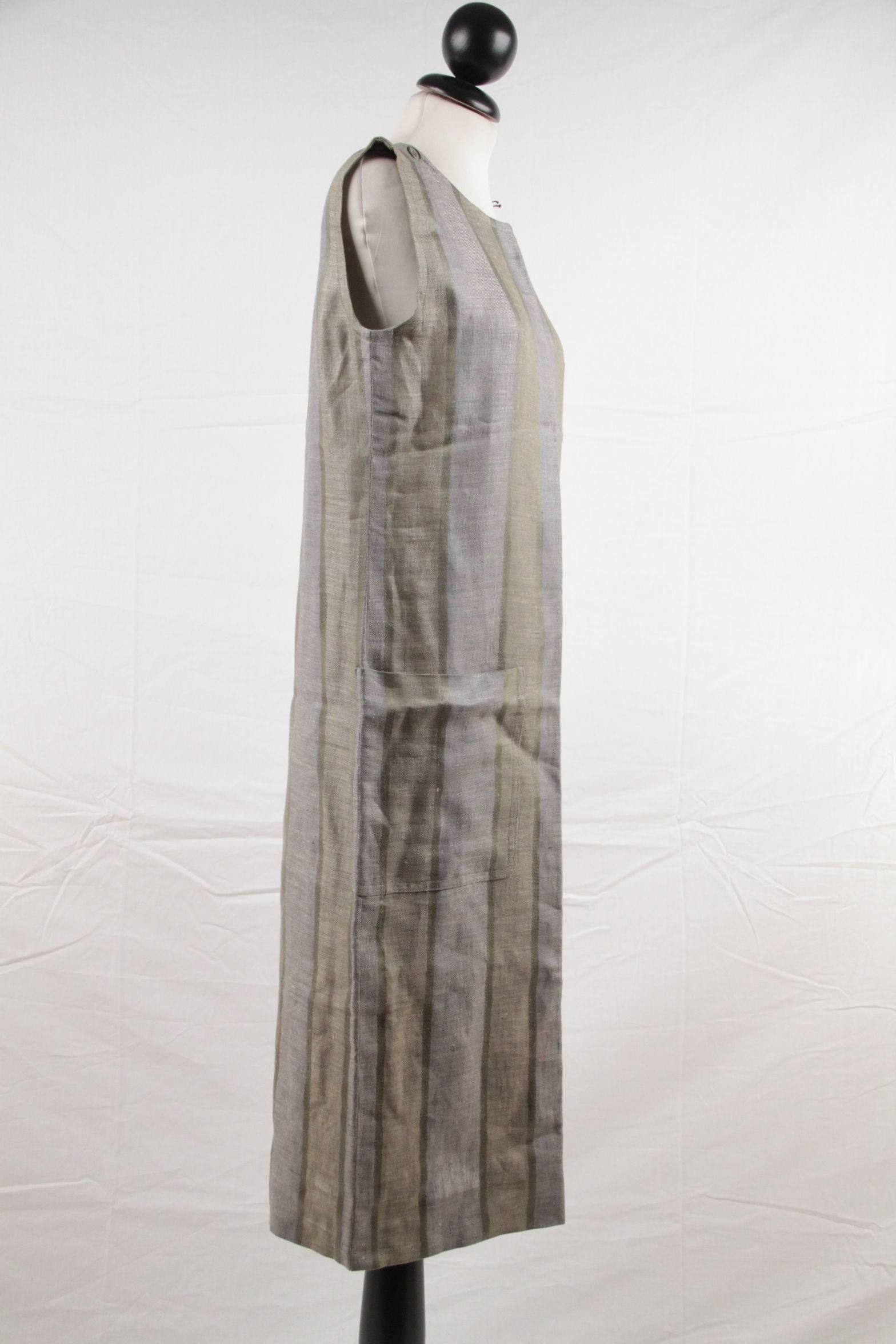 Gray CHRISTIAN DIOR Vintage Green Striped SLEEVELESS SMOCK DRESS Size 36