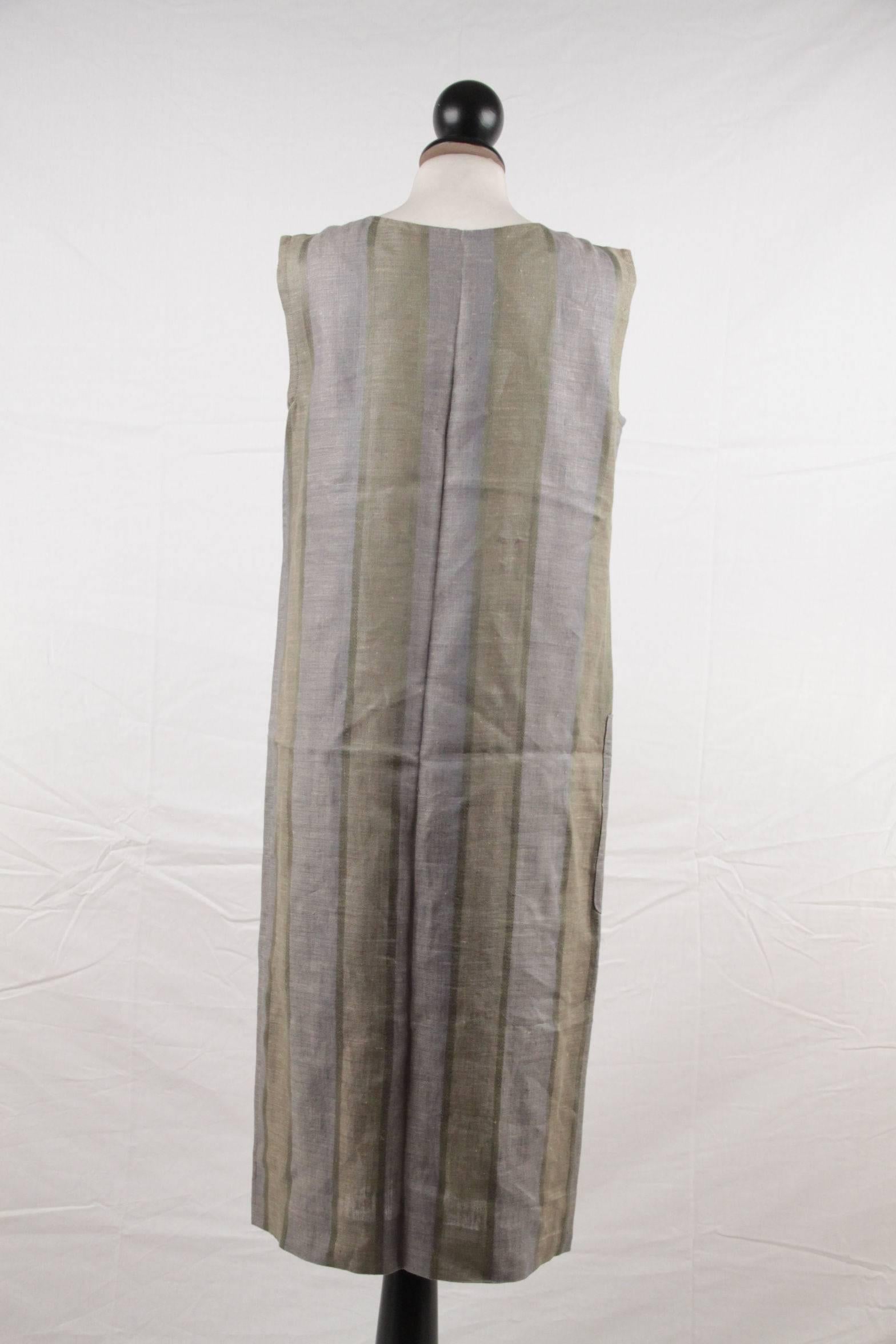 CHRISTIAN DIOR Vintage Green Striped SLEEVELESS SMOCK DRESS Size 36 1