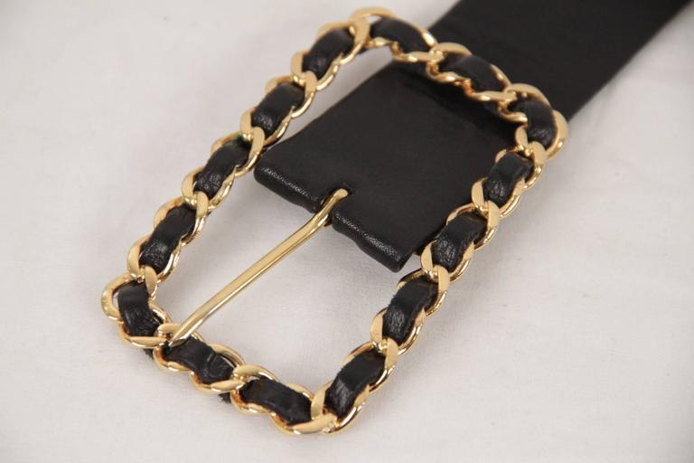 Chanel Vintage Gold Metal and Black Leather Belt CC Logo Chain Buckle
