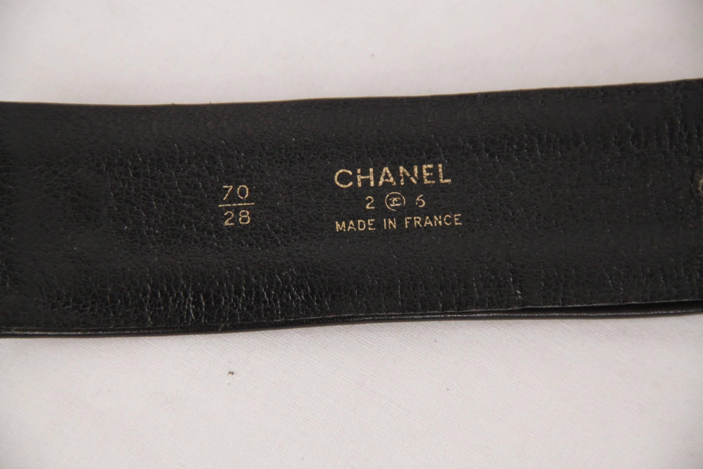 Women's Chanel Vintage Gold Metal and Black Leather Belt CC Logo Chain Buckle Size 70/28