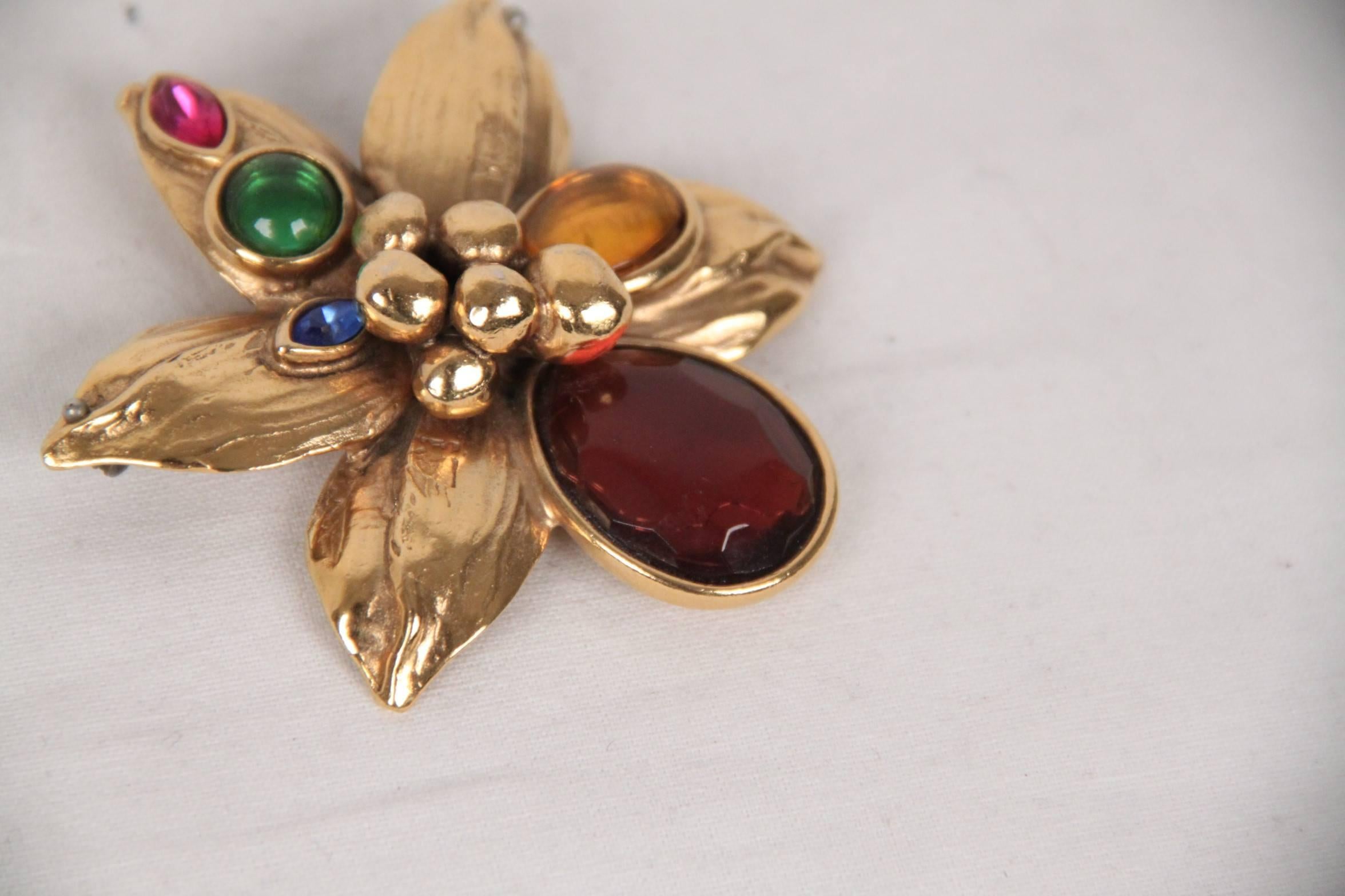 Art Deco Authentic YVES SAINT LAURENT Gold Metal FLOWER BROOCH w/ GLASS Stones