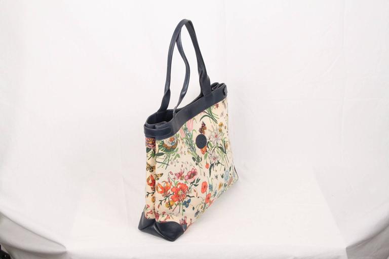 GUCCI Vintage Floral FLORA Canvas and Blue Leather TOTE For Sale at ...