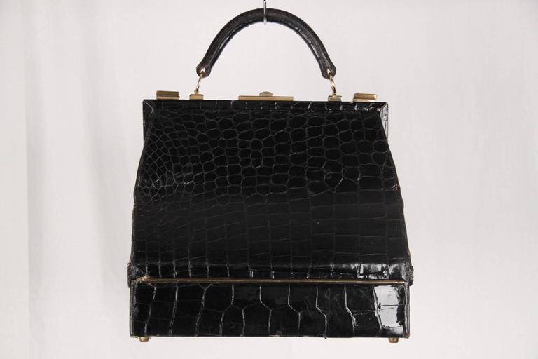 VINTAGE Black Leather Handbag w BOTTOM Compartment