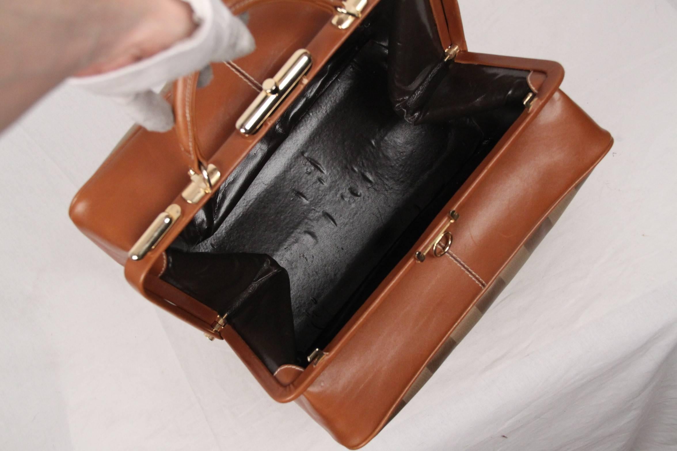 Fendi Vintage Tan Pequin striped Canvas handbag Train Case 2