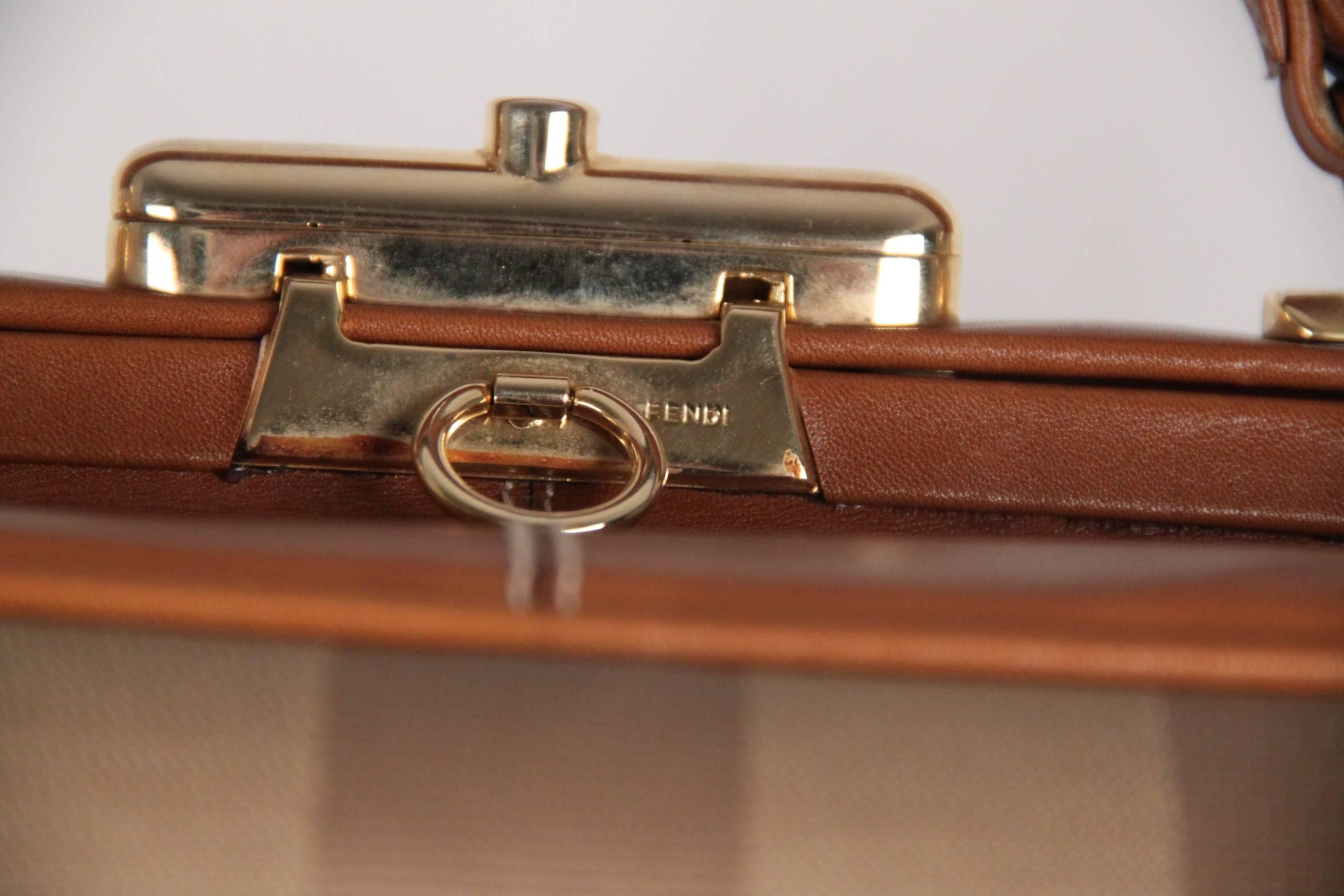 Beige Fendi Vintage Tan Pequin striped Canvas handbag Train Case