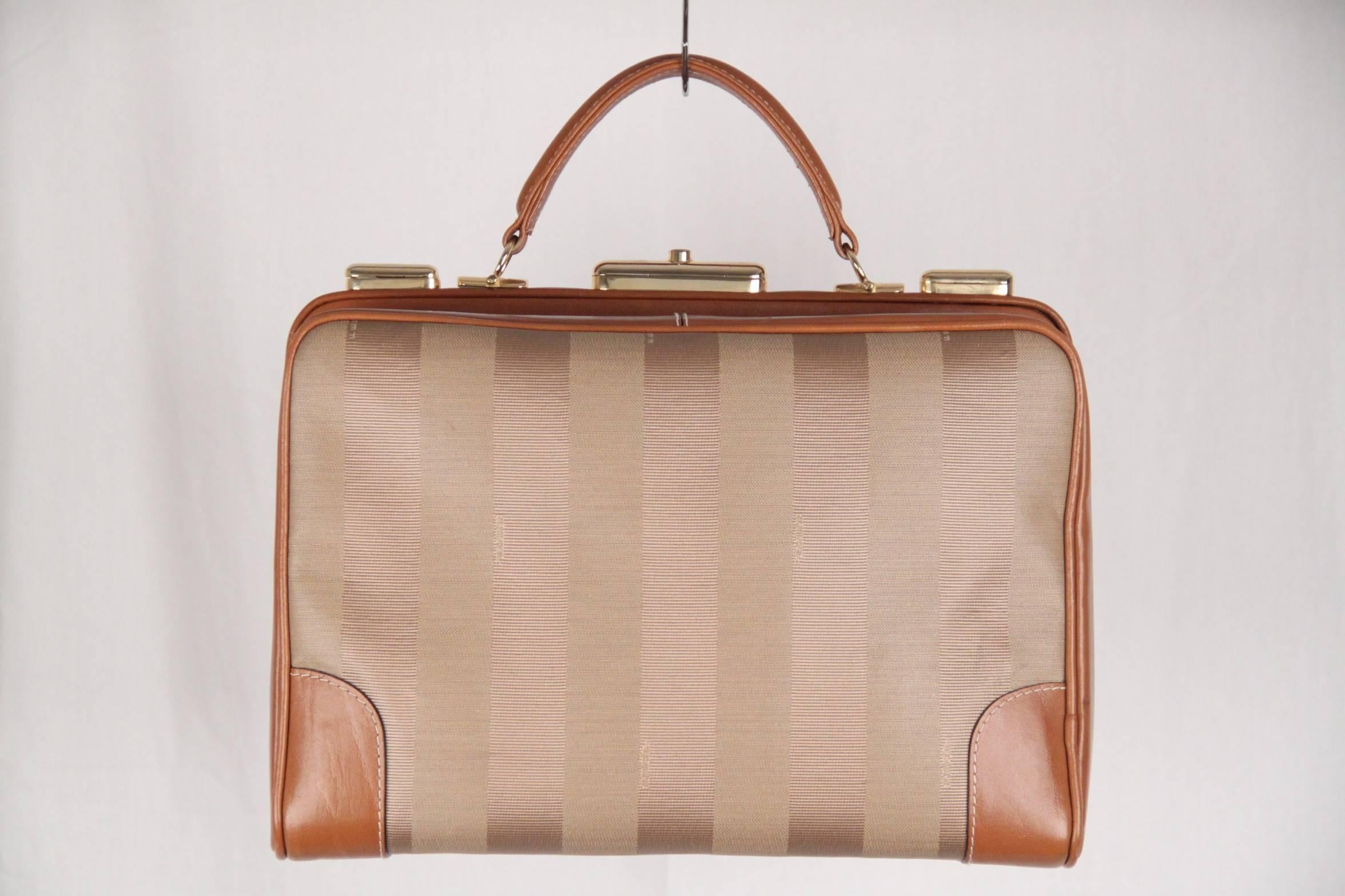 Women's Fendi Vintage Tan Pequin striped Canvas handbag Train Case