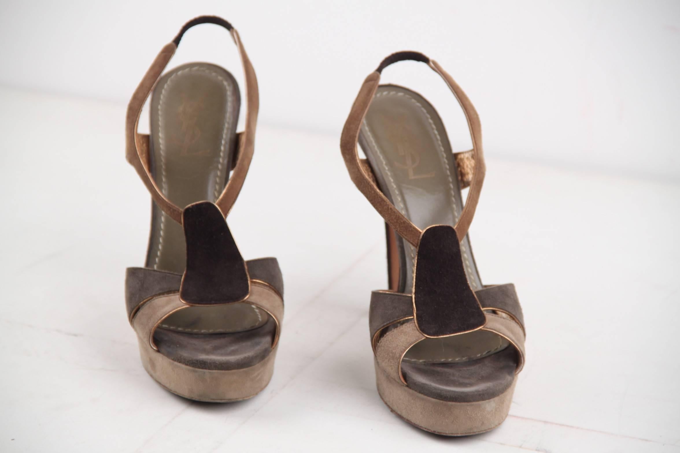 YVES SAINT LAURENT Tan & Gray Suede SANDALS PUMPS Heels SHOES Size 39 1/2 In Good Condition In Rome, Rome