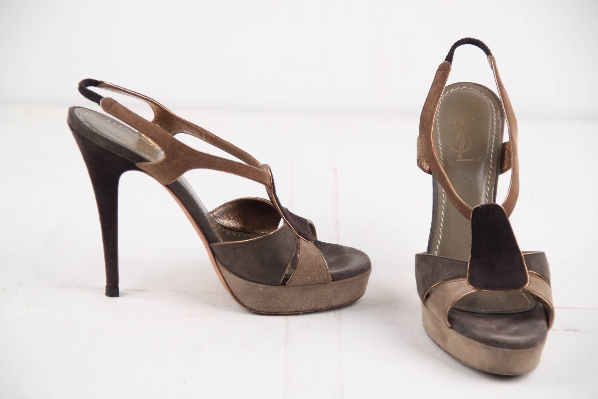 YVES SAINT LAURENT Tan & Gray Suede SANDALS PUMPS Heels SHOES Size 39 1/2 1