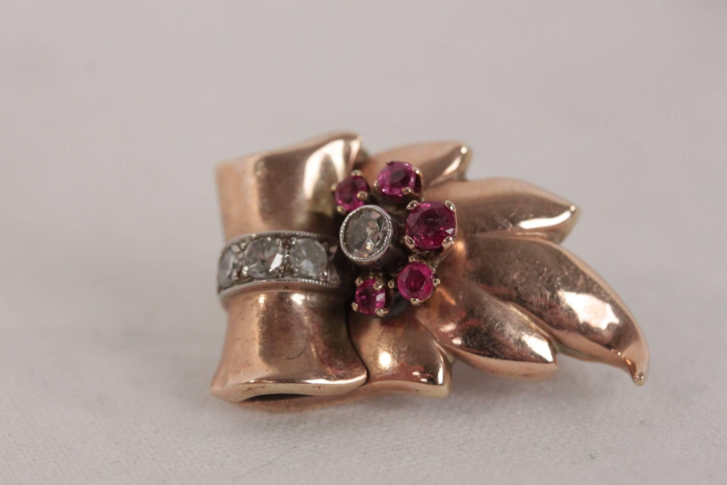 Art Deco VINTAGE 14k Rose Gold DECO PARURE EARRINGS & BROOCH Set w/Diamonds & Rubies
