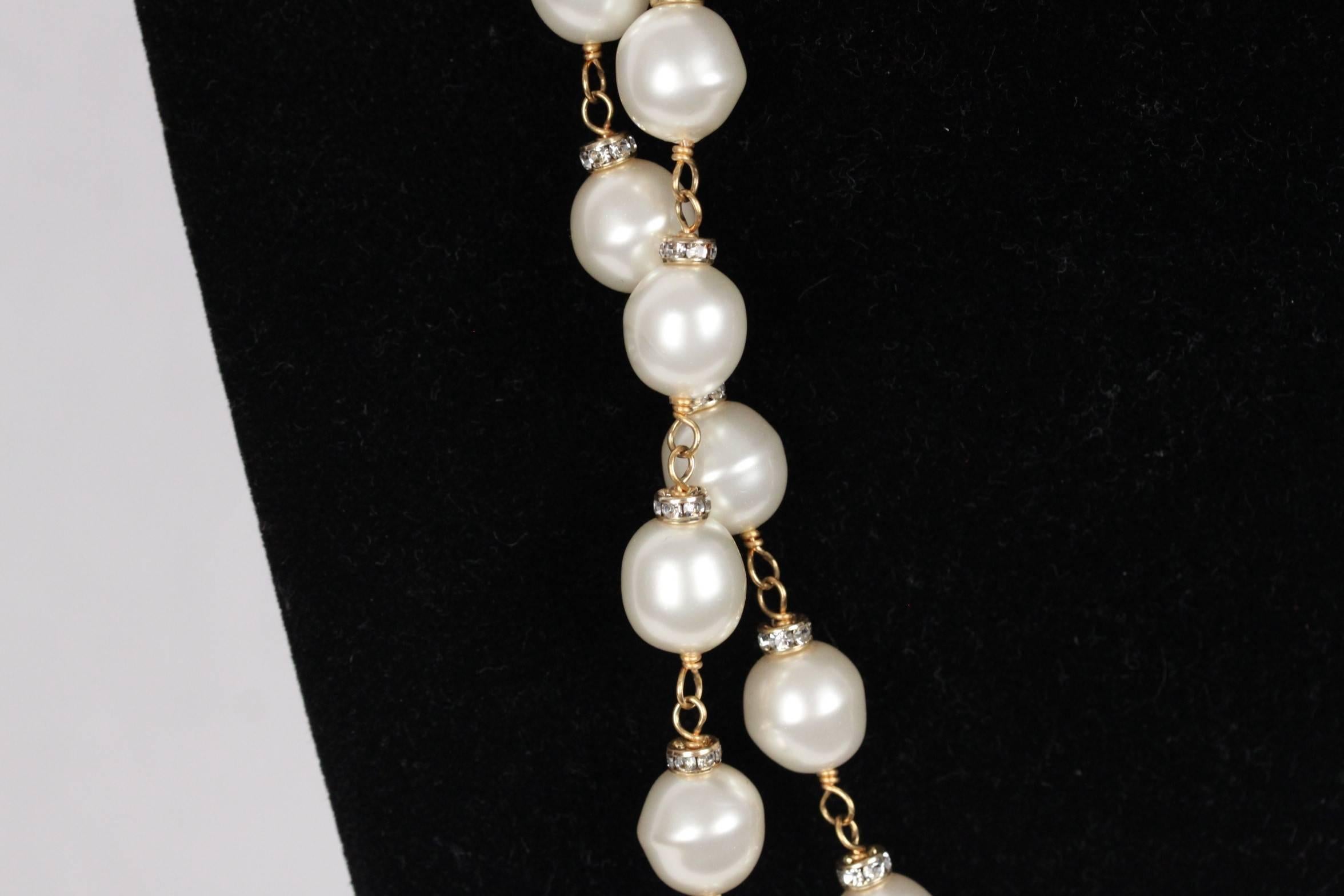 CHANEL Vintage 1984 Gold Metal & Glass PEARL NECKLACE w/ Crystals 1