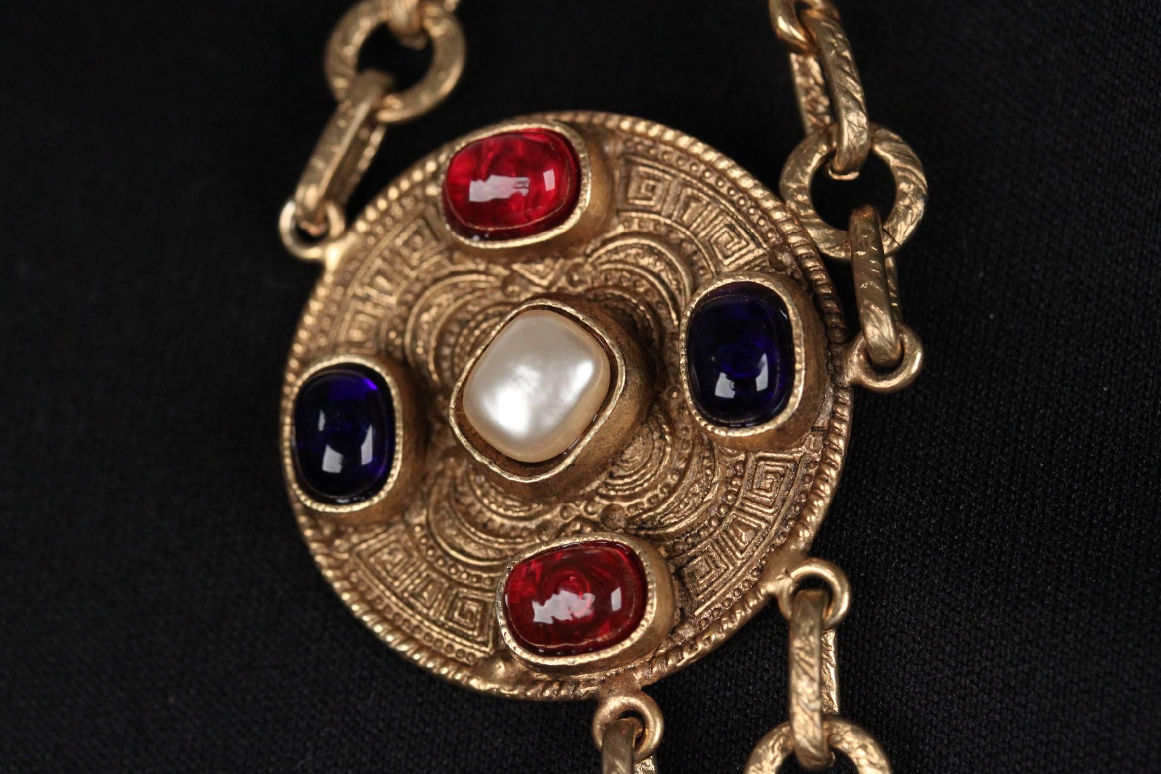 Women's CHANEL Vintage 1984 Gold Metal 3 Row NECKLACE w/ Cabochons