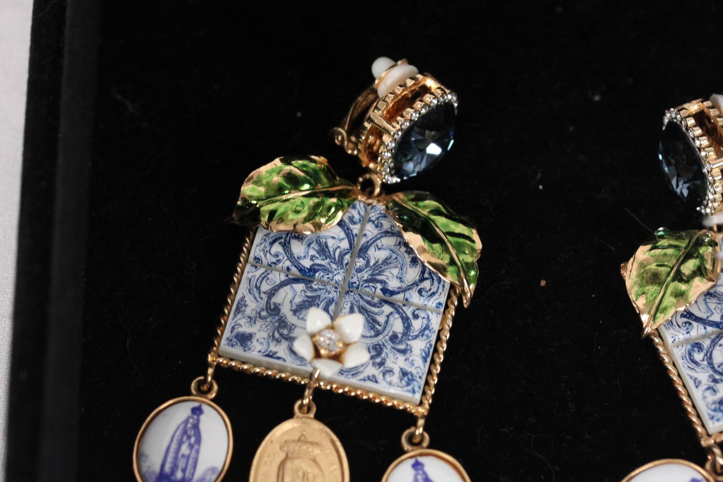 DOLCE & GABBANA Blue MAJOLICA TILES Drop EARRINGS Sicily 4