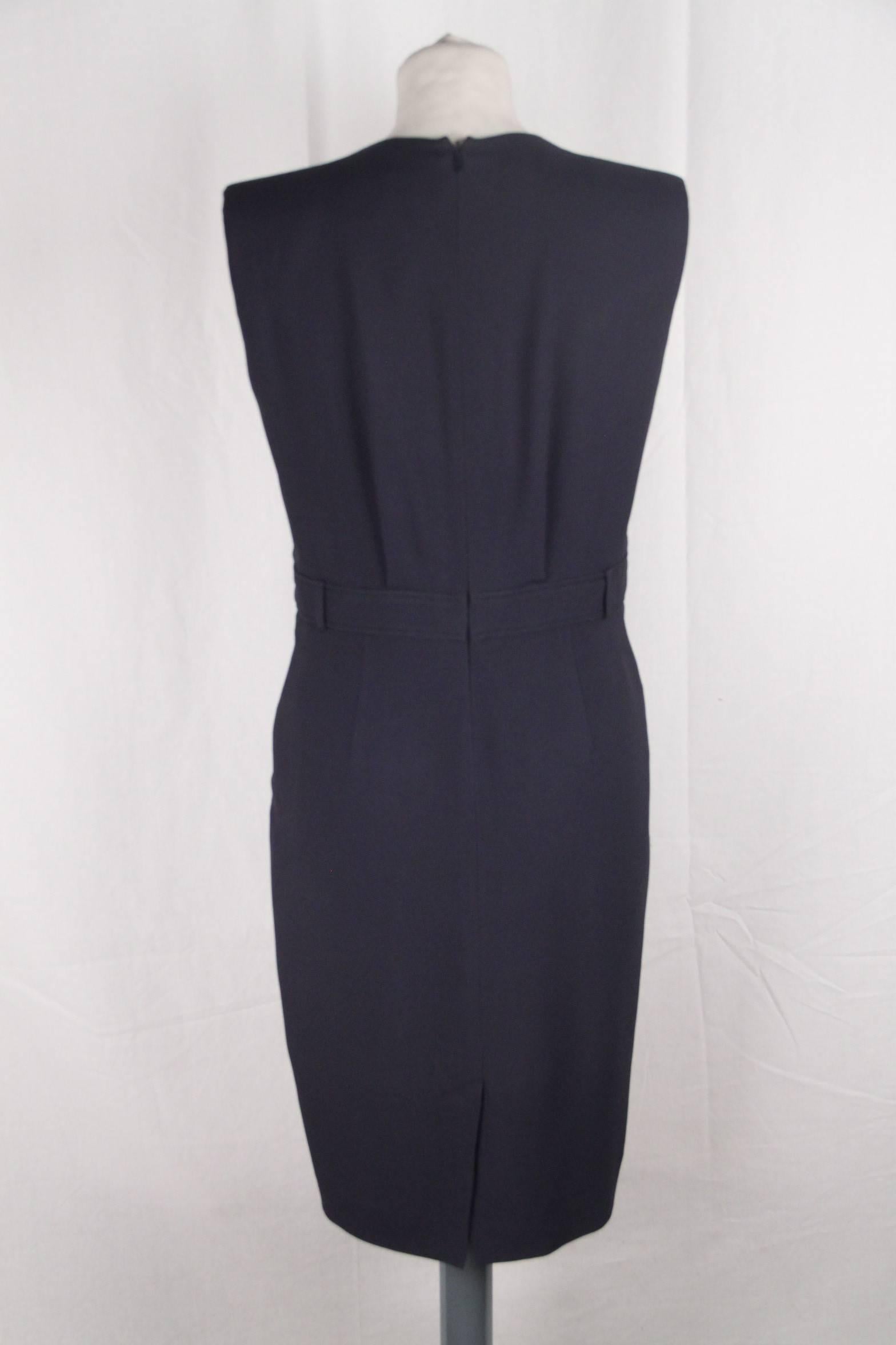 Black Hermes Sleeveless Size 6 Navy Blue Sheath Dress 