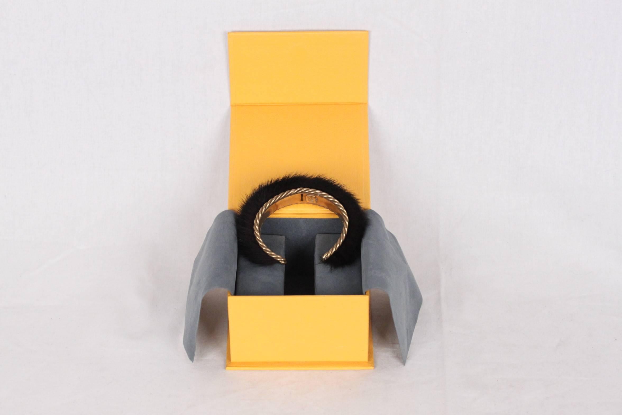 Contemporary FENDI Black FUR Cuff BRACELET Gold Metal w/ BOX