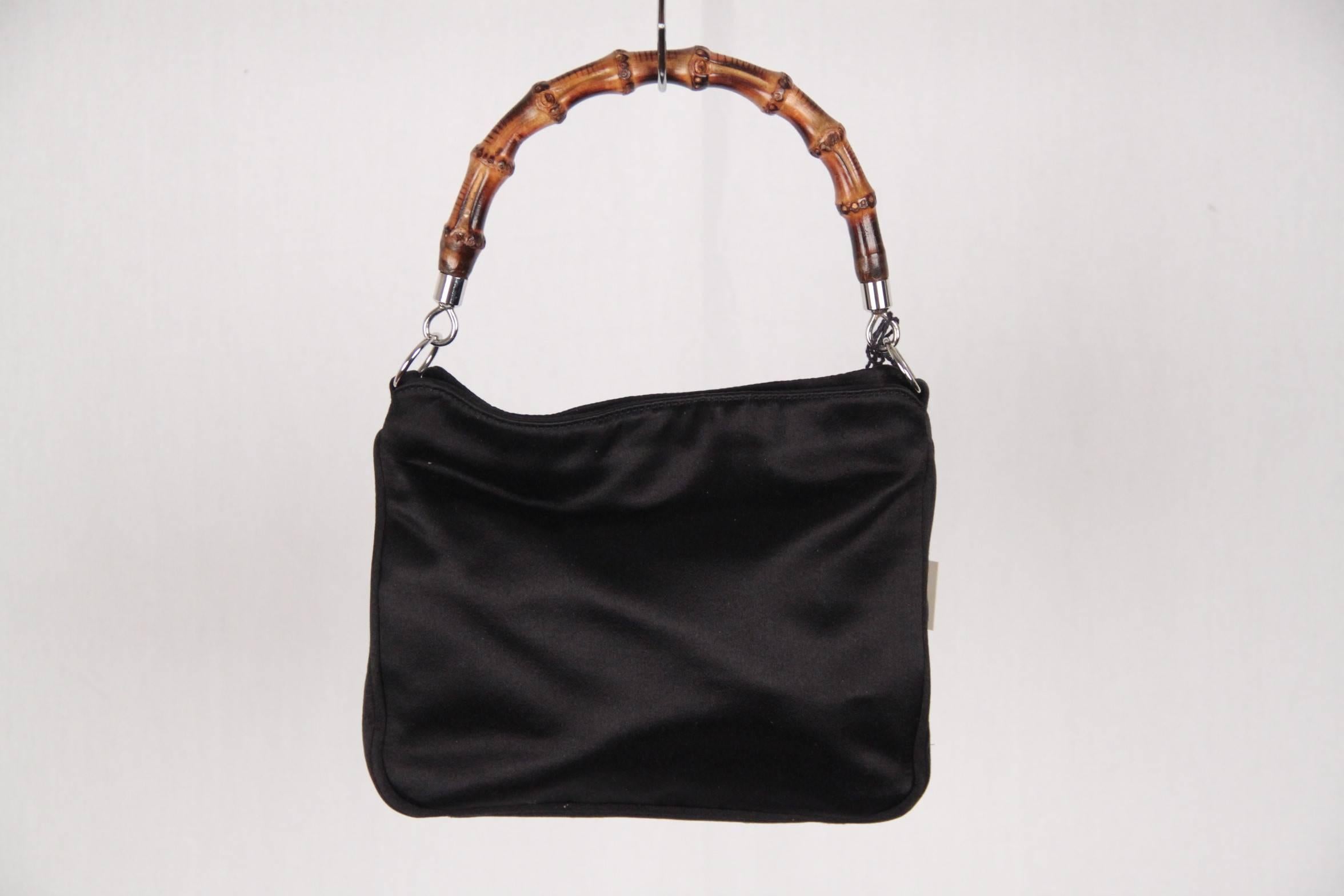 Women's GUCCI Black Satin Fabric SMALL HANDBAG Evening Bag w/ BAMBOO Handle