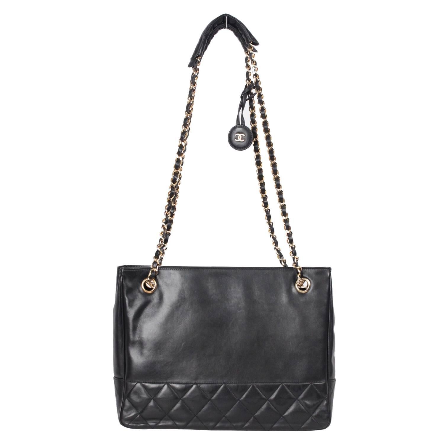 CHANEL Vintage Black Leather SHOULDER BAG Tote w/ Bottom Quilting