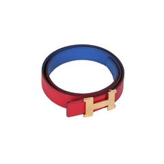 HERMES Red & Blue Leather REVERSIBLE BELT Gold Metal H BUCKLE Size 65 12
