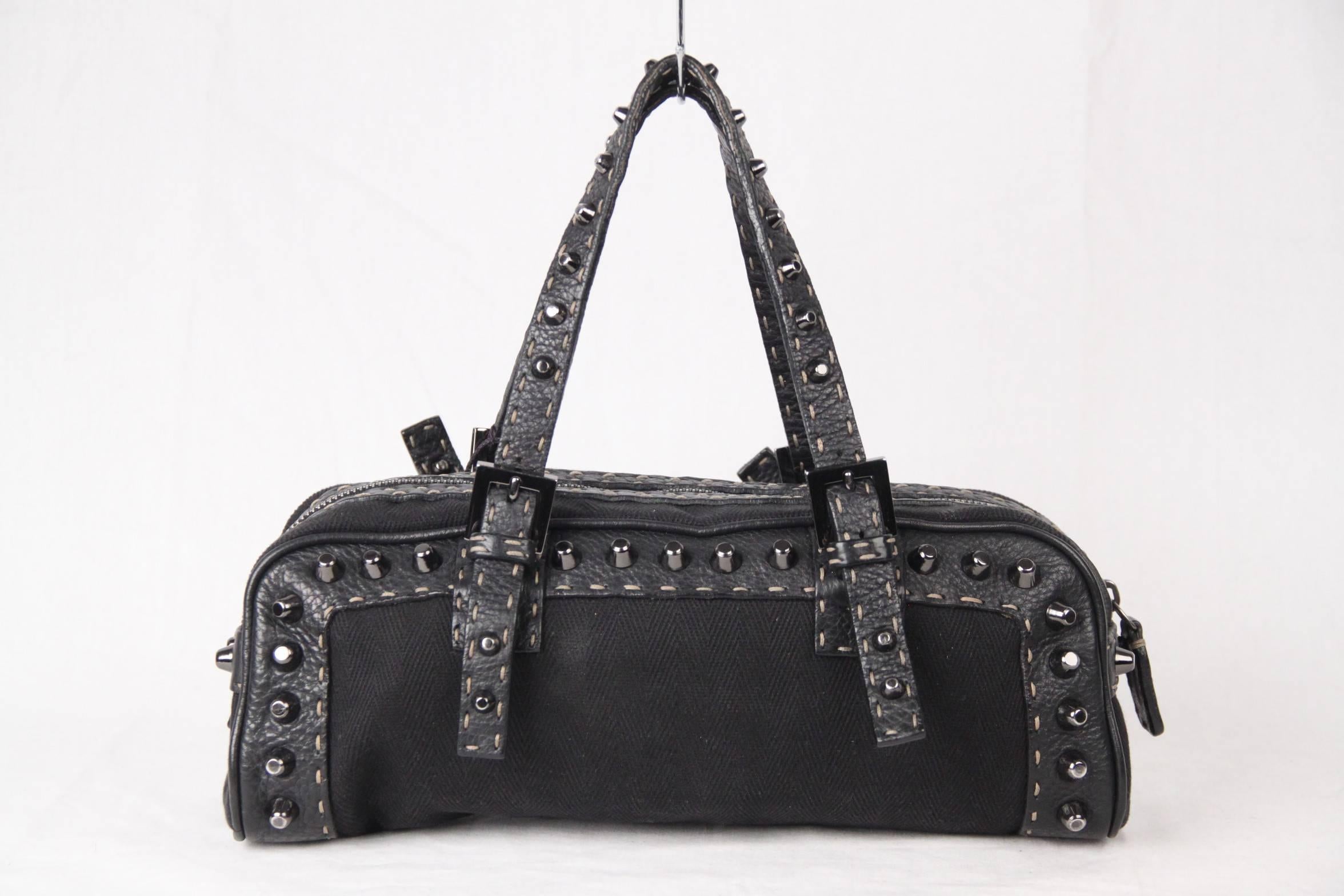 FENDI SELLERIA Black Canvas & Leather BASSOTTO BAG w/ Studs 2