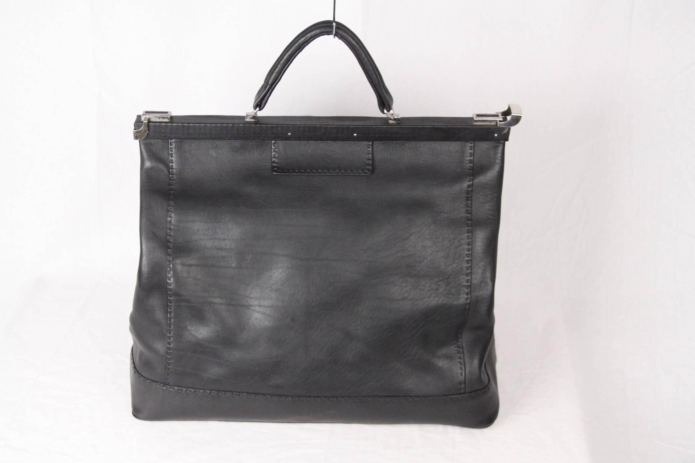 Women's or Men's VINTAGE Black Leather LARGE Doctor Bag TRAVEL BAG Weekender