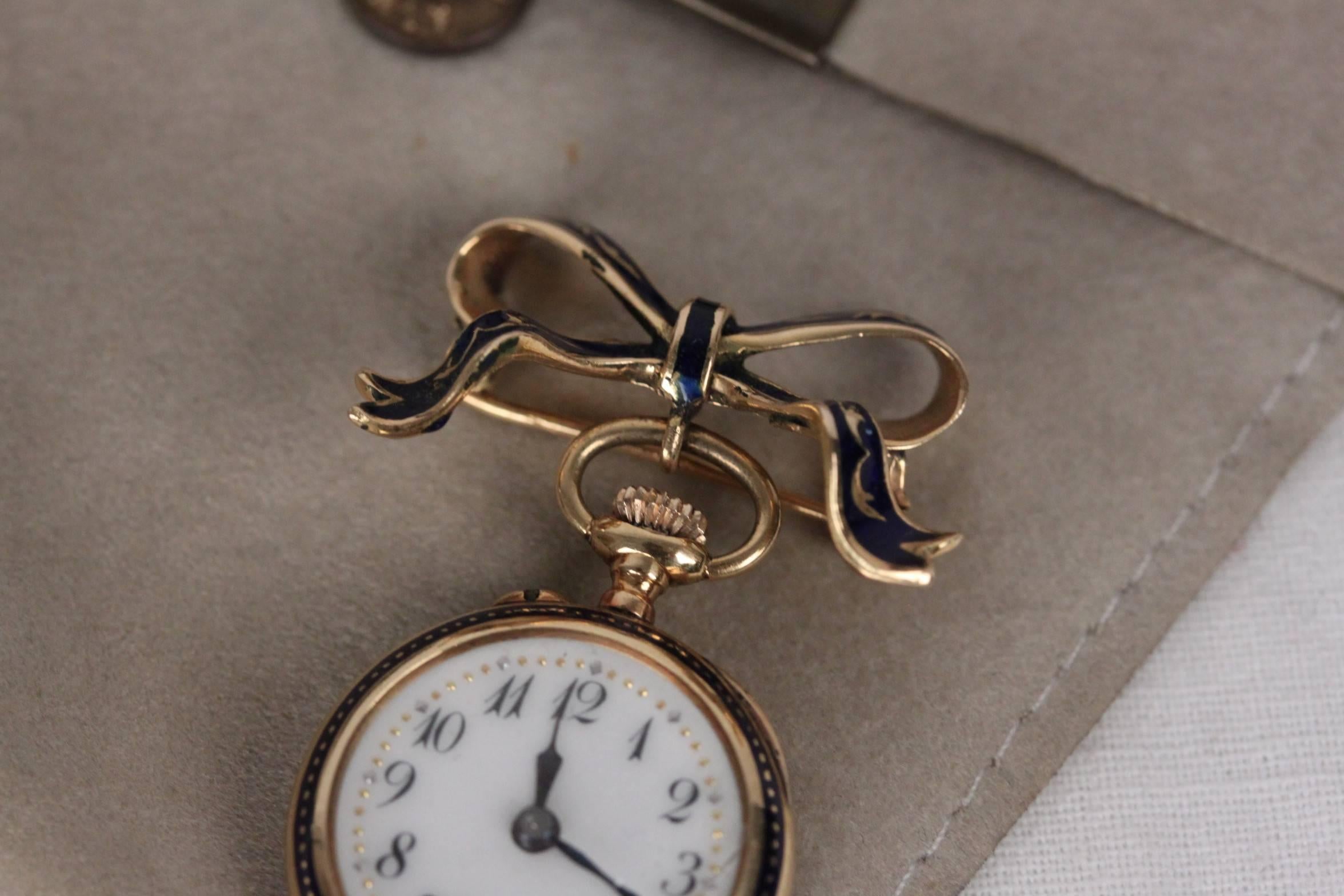 Art Deco Yellow Gold Blue Enamel Vintage Brooch With Watch Clock Pendant