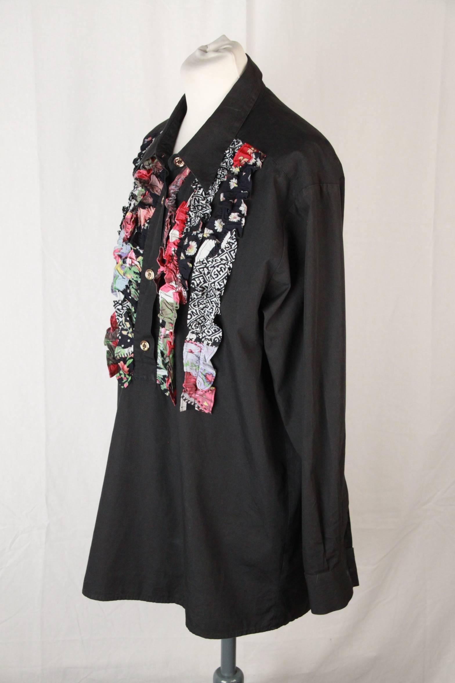 Moschino Jeans Vintage Black Cotton Ruffled Long Sleeve Shirt Size M In Good Condition In Rome, Rome