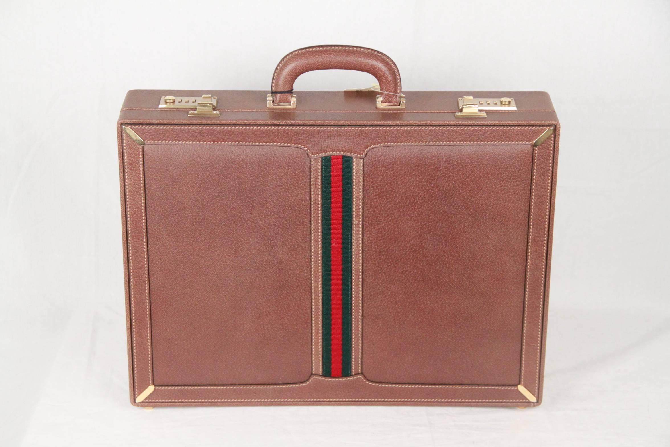 GUCCI VINTAGE Tan Leather HARD SIDE BRIEFCASE Work Bag w/ Stripes For