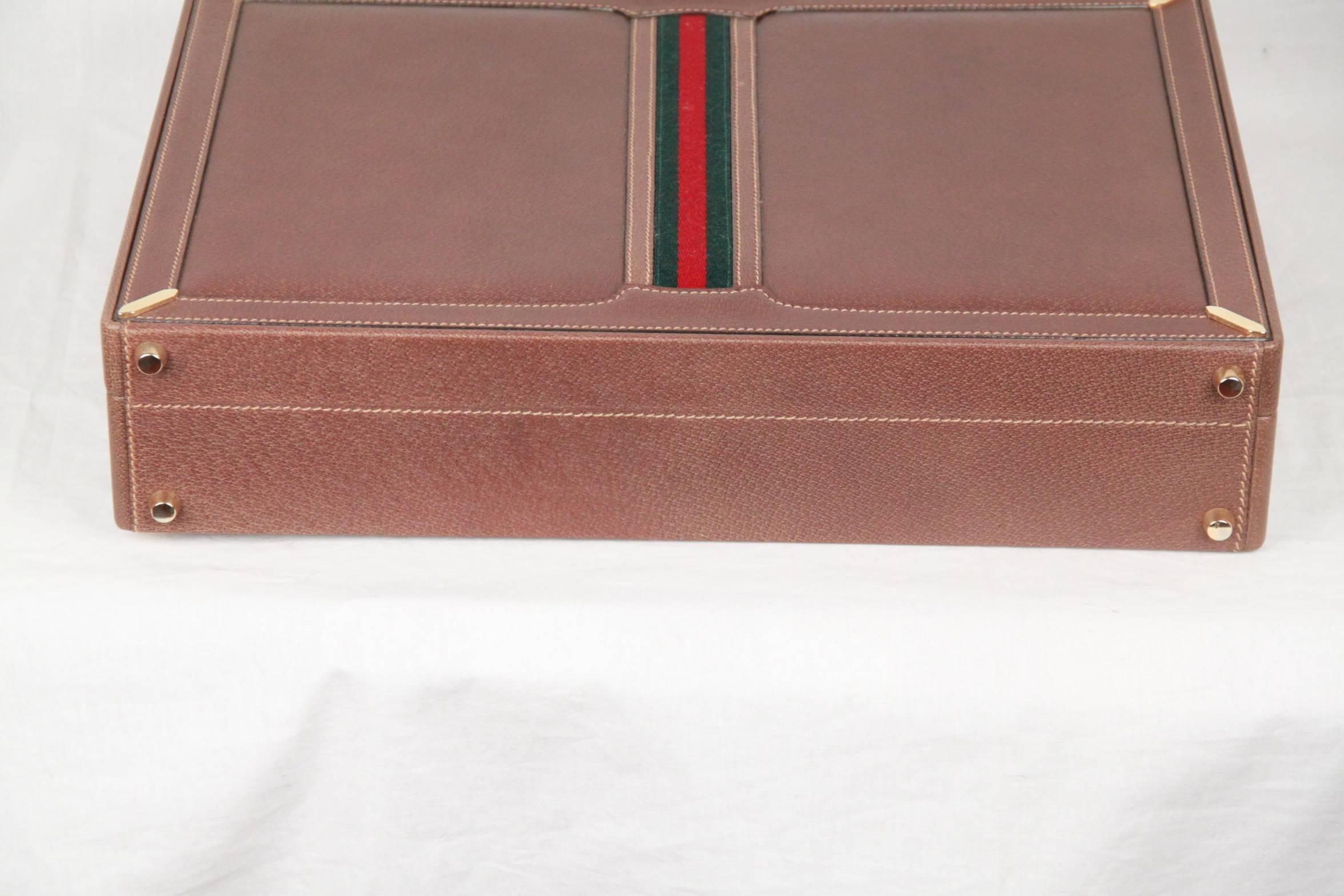 GUCCI VINTAGE Tan Leather HARD SIDE BRIEFCASE Work Bag w/ Stripes In Excellent Condition In Rome, Rome