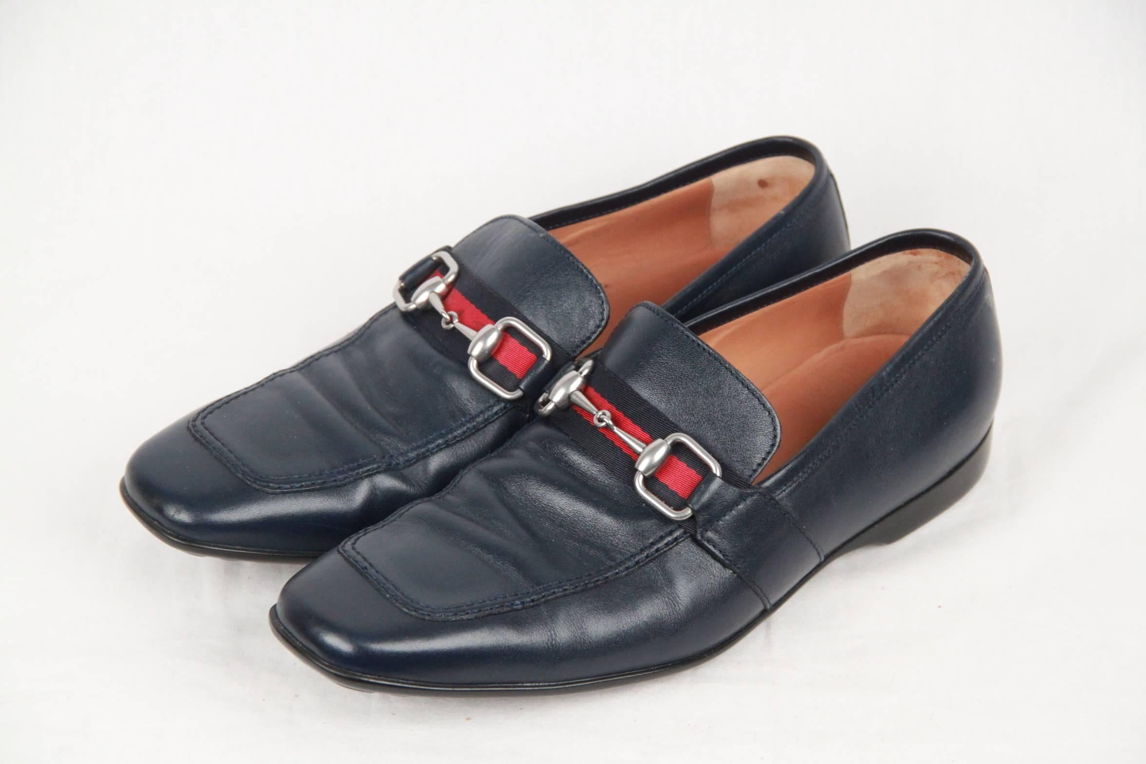 - Leather loafers by GUCCI designed with a square toe
- Blue leather with blue and red Web detail
- Horsebit detail
- Rubber sole
- Made in Italy