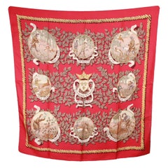 HERMES PARIS Red Silk Scarf TERMES DE VENERIE 1967 Charles Hallo