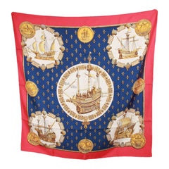 HERMES PARIS Red Blue Silk Scarf LES NEFS D'OR 1971 Philippe Ledoux 8