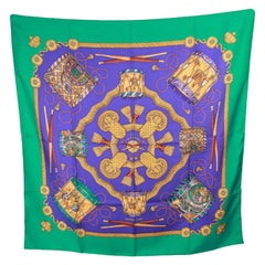 HERMES PARIS Green Blue Silk Scarf LES TAMBOURS 1989 Joachim Metz 12