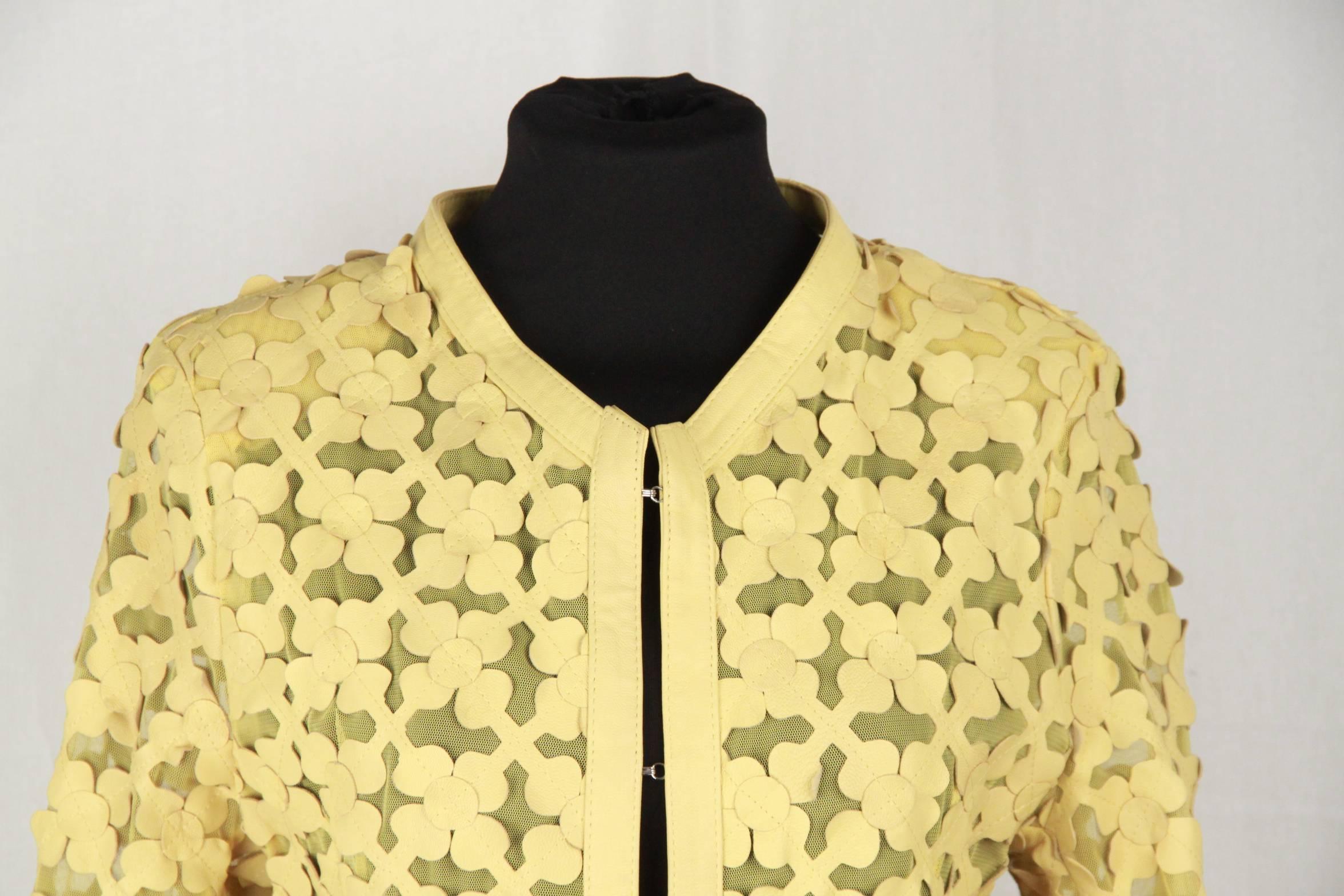 Women's ITALIAN Yellow Leather FLOWER CARDI COAT Overcoat SIZE 44