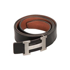 HERMES Black and Tan Leather REVERSIBLE BELT Silver Metal H BUCKLE Size 105  For Sale at 1stDibs | silver hermes belt, hermes belt silver buckle, hermes  belt horse buckle