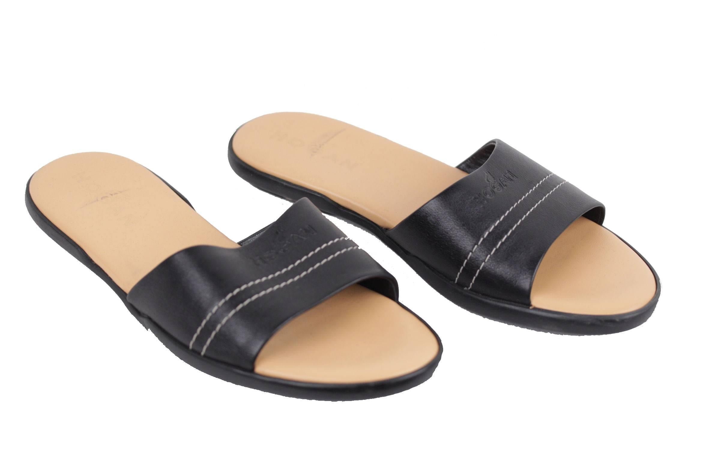 HOGAN Black Leather SANDALS Flat Shoes SLIDES Size 36