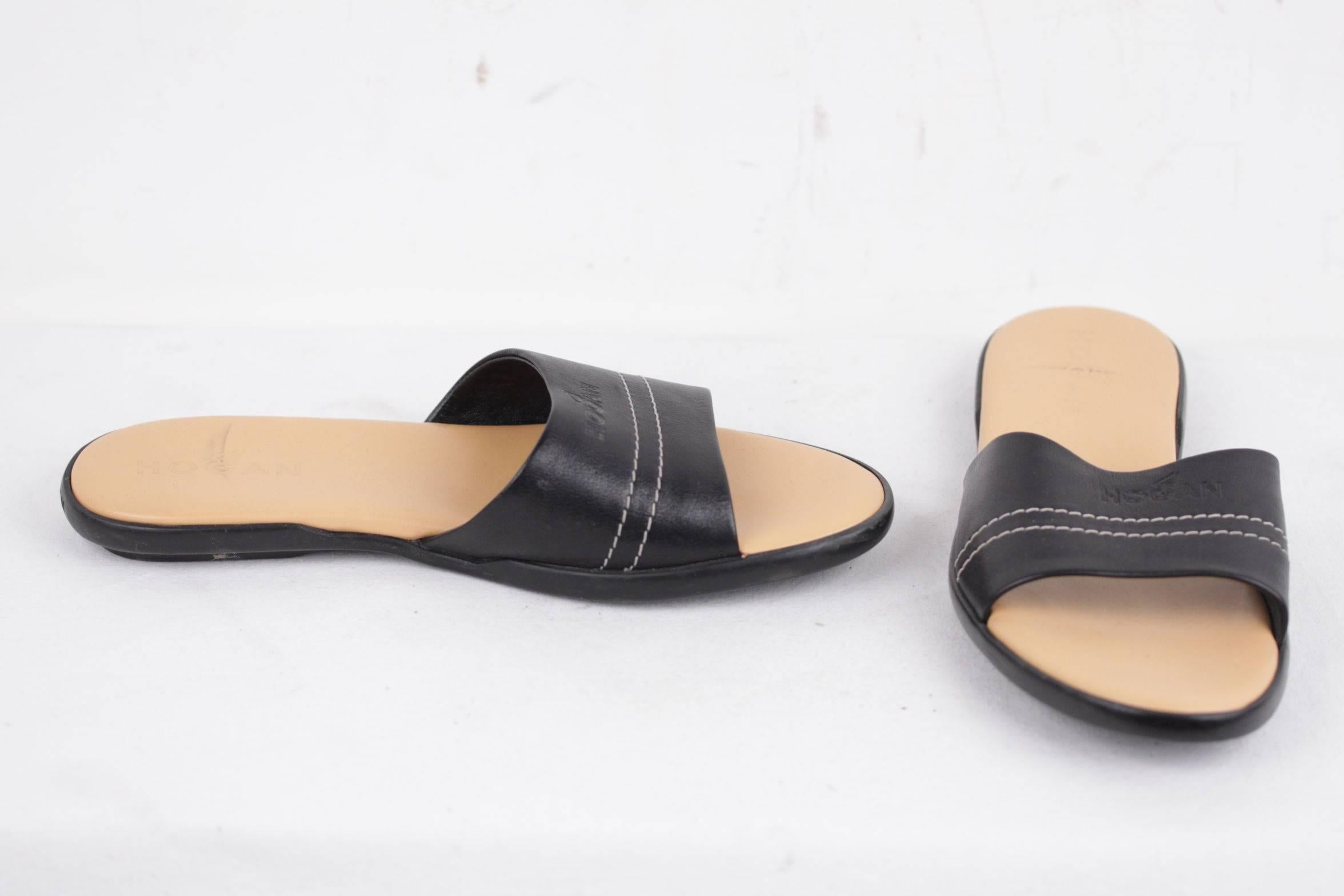 Women's HOGAN Black Leather SANDALS Flat Shoes SLIDES Size 36