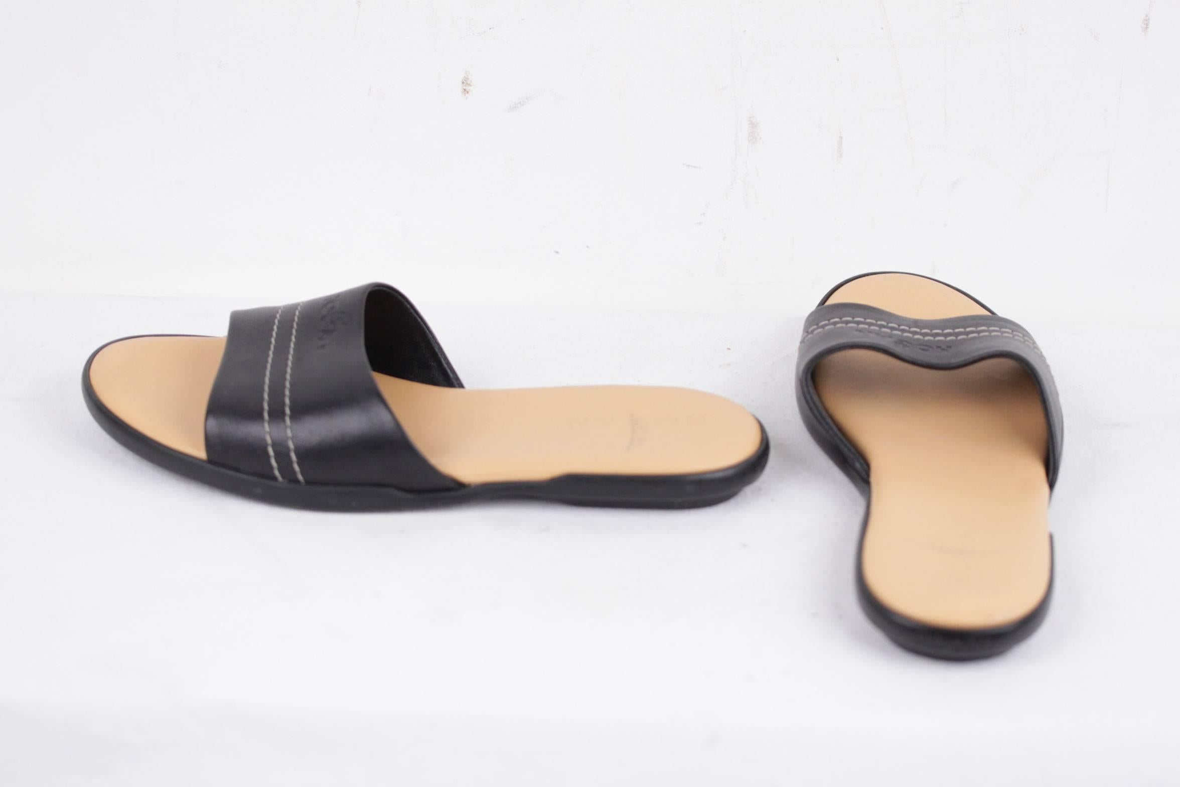 HOGAN Black Leather SANDALS Flat Shoes SLIDES Size 36 1