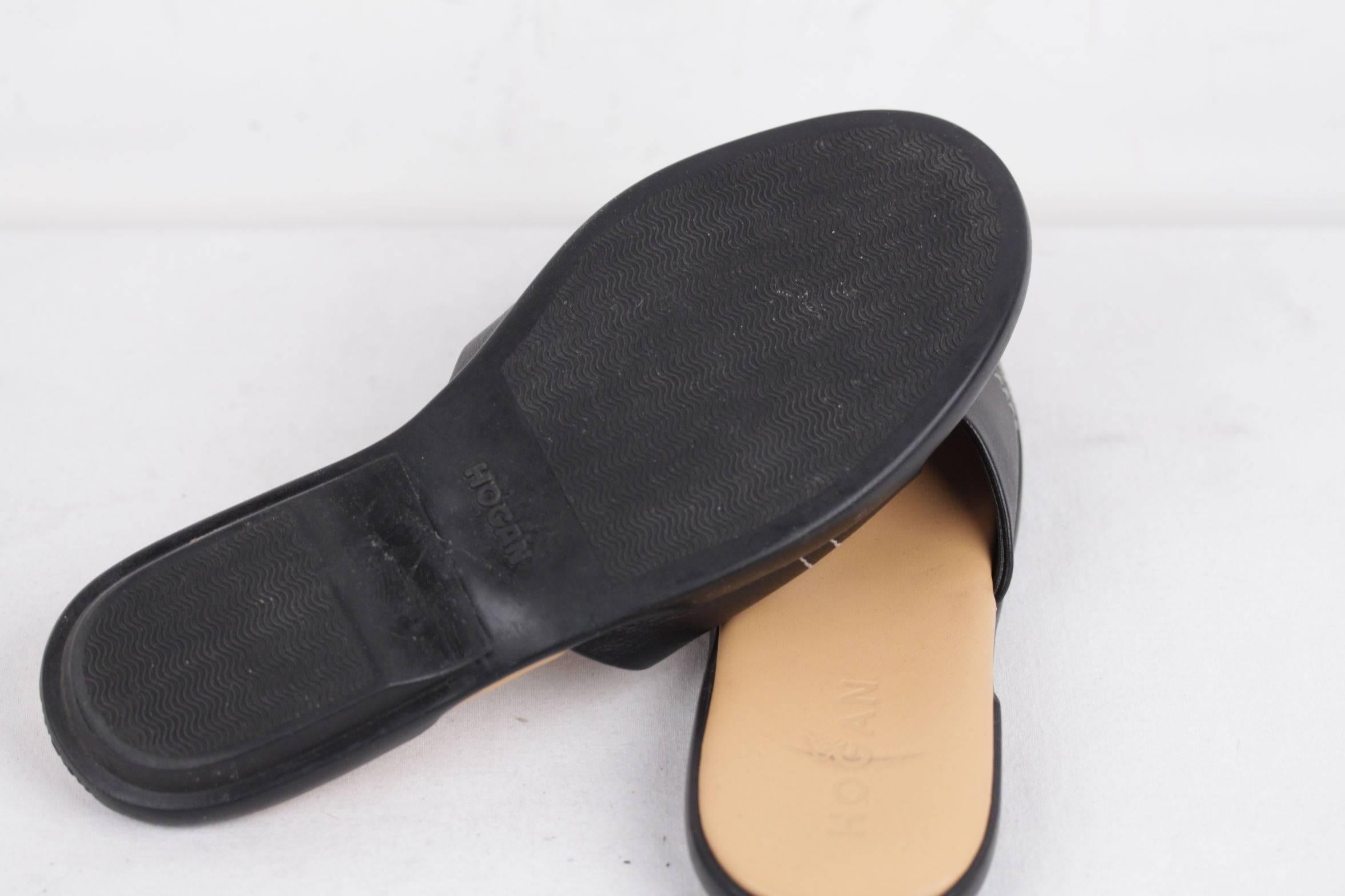 HOGAN Black Leather SANDALS Flat Shoes SLIDES Size 36 2