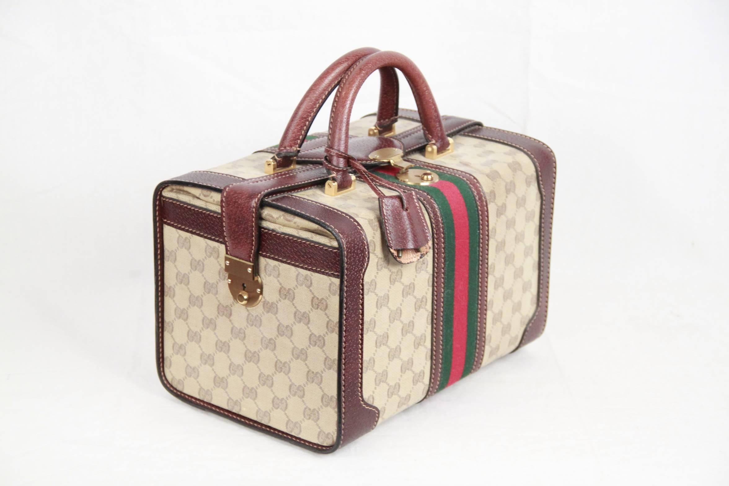  The case has a beautiful, distinctive structure and is crafted of classic Gucci brown on beige GG monogram. Signature web detailing around the bag. This has a complimentary trim of brown leather for structure and style including rolled leather top