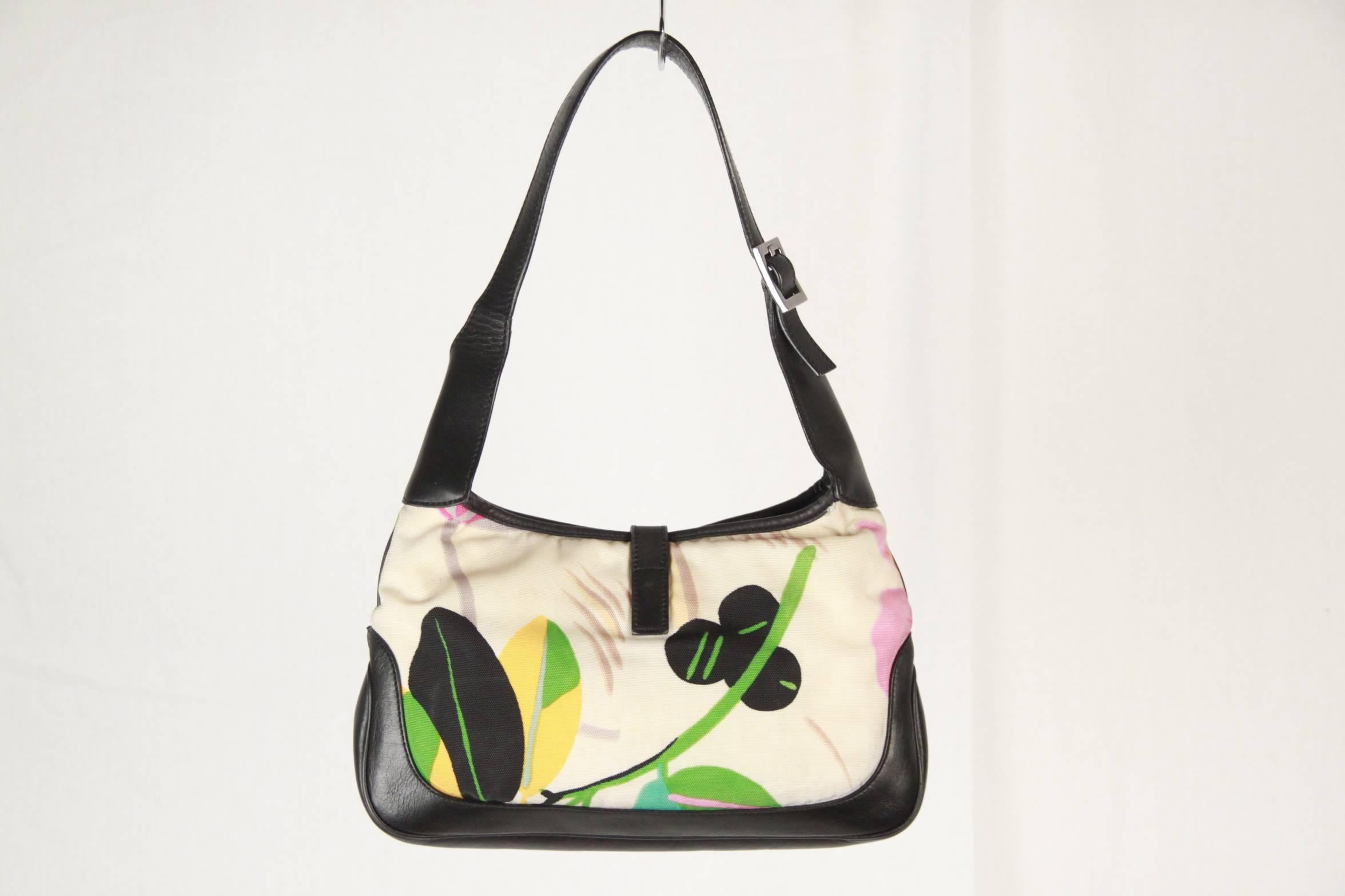 Beige GUCCI Floral Canvas & Black Leather HOBO JACKIE O
