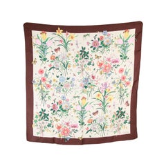 GUCCI VINTAGE Floral Silk SCARF Brown Border 2