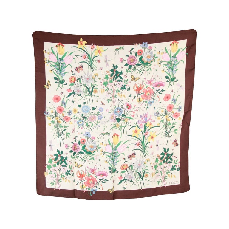 GUCCI VINTAGE Floral Silk SCARF Brown Border For Sale at 1stDibs ...